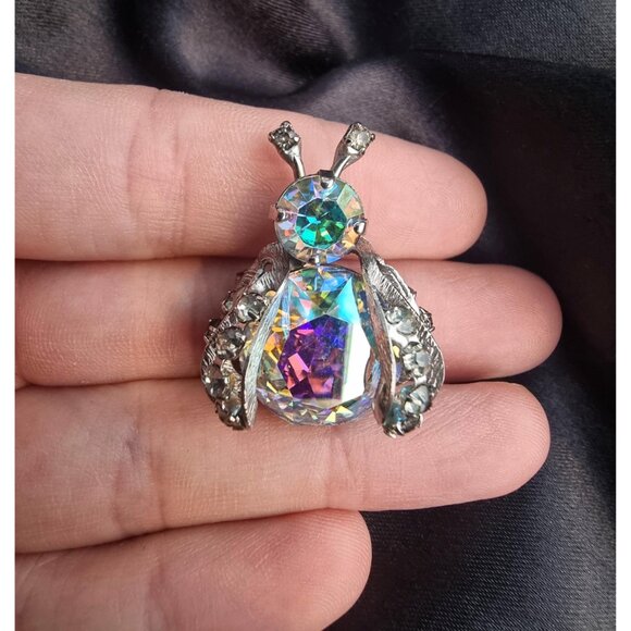 Vintage Super Sparkling WEISS 1960s Signed Aurora Borealis Rhinestone Bug Silver - Picture 7 of 7